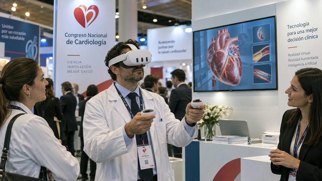 Médico usando realidad virtual en un congreso farmacéutico