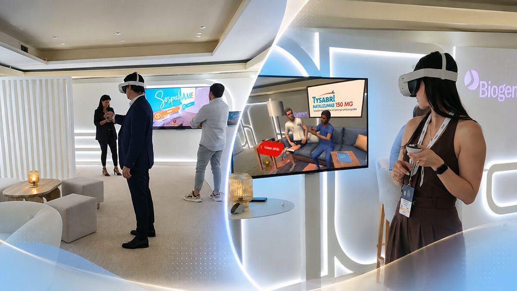 Médicos con gafas de realidad aumentada en el stand de Biogen