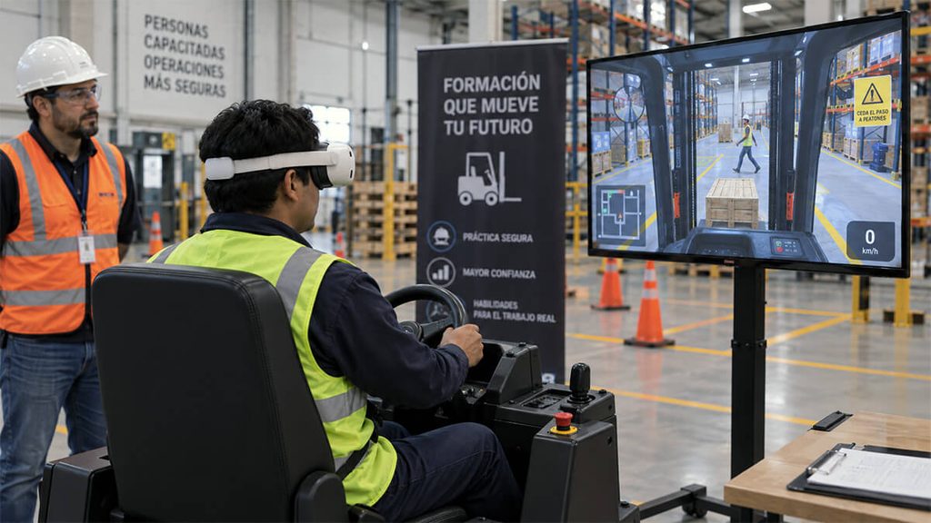 Operador practicando con un simulador de montacargas en realidad virtual