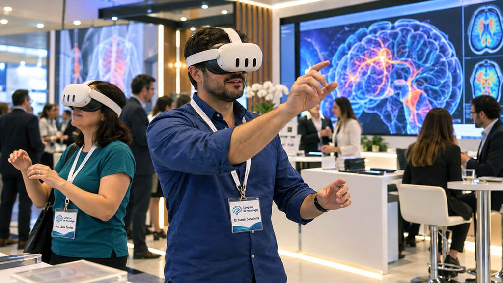 Dos médicos con gafas de realidad virtual en un stand de congreso médico