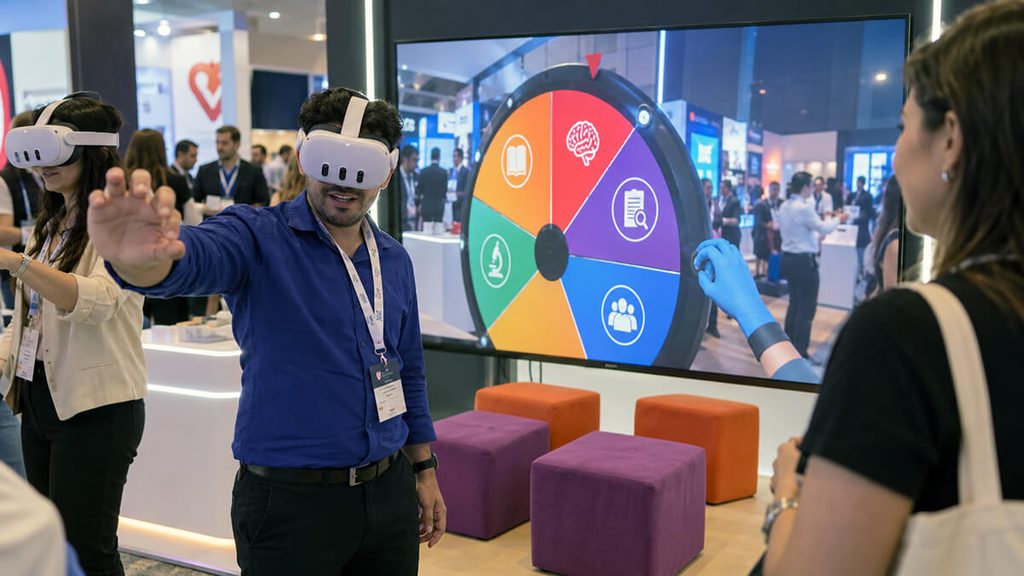 Médico con lentes de realidad virtual en un congreso médico