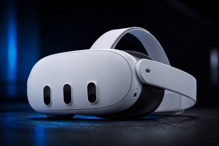 Casco de realidad virtual blanco apoyado sobre una superficie oscura, iluminado por una luz azul.