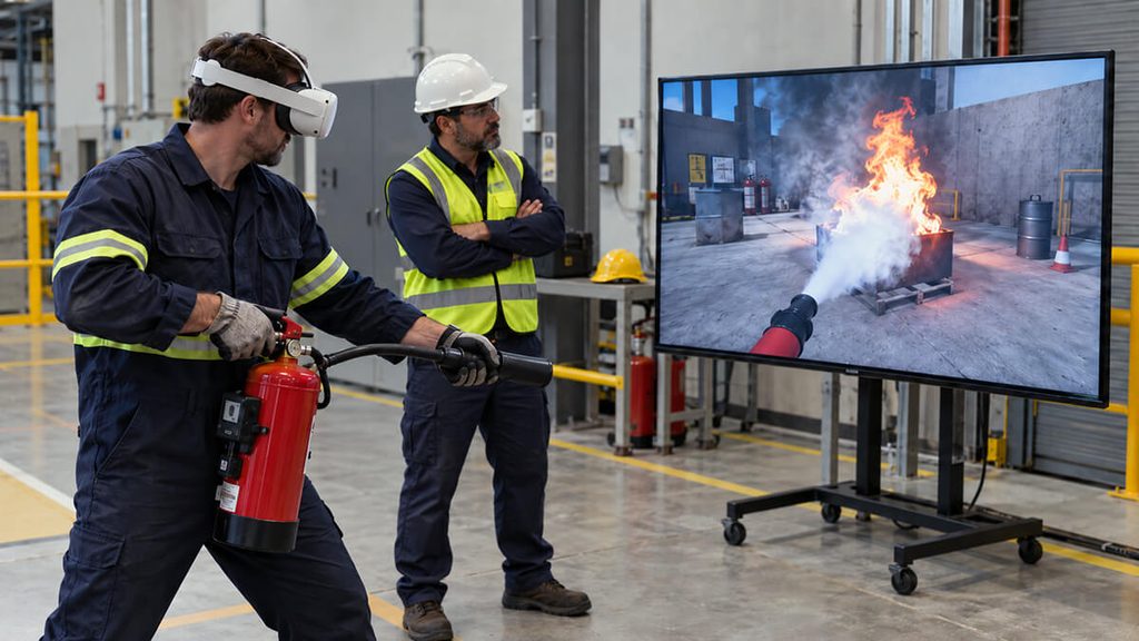 Operarios en un entrenamiento de extinción de fuego con realidad virtual