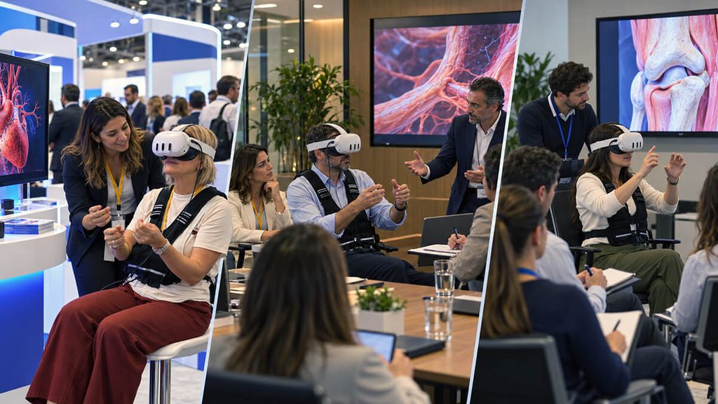 Médicos en congreso, médicos en evento de laboratorio y otros actores del sistema de salud viendo experiencia 4D.