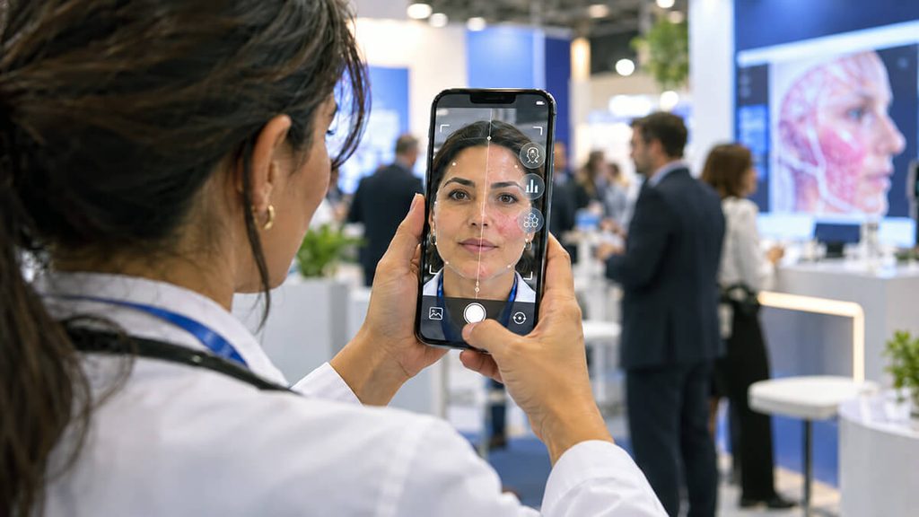 Médico usando un filtro de realidad aumentada que muestra los signos de patología en su propio rostro