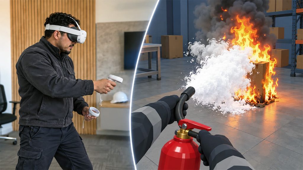 Trabajador con gafas de realidad virtual capacitandose en uso de extintores