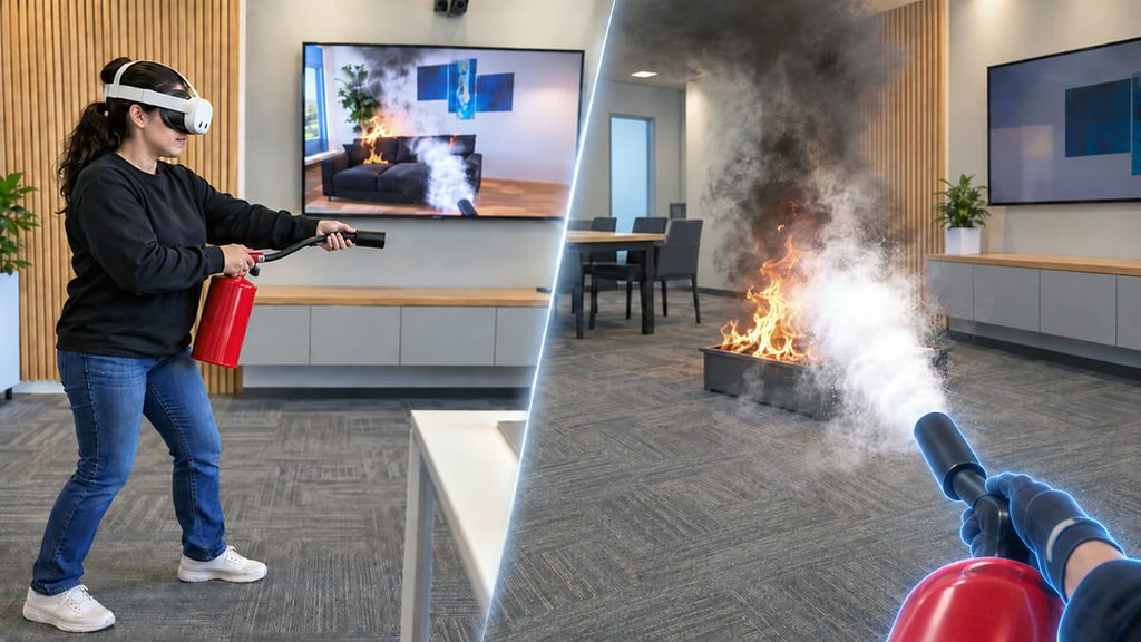 Trabajadora con gafas de realidad virtual practicando el uso de un extintor